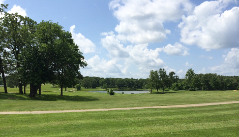 Course with cart path across the image and lake in the background